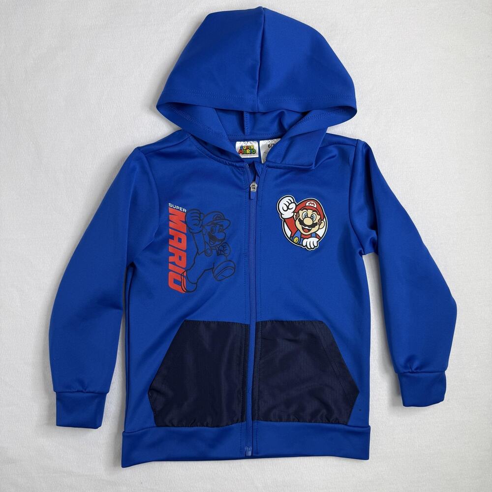 Super Mario Jacket Boys 6/7 Blue Hooded Full Zip Track Nintendo Graphic